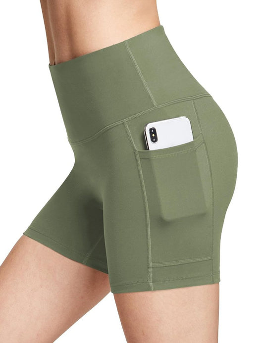 baleaf Biker Shorts Women Yoga Gym Workout Spandex Running Volleyball Tummy Control Compression with Pockets Soft 5" Navy Green XS