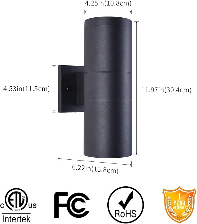 mirrea Modern Outdoor Porch Light Patio Light in 2 Lights with Aluminum Cylinder and Tempered Glass Cover Waterproof Wall Sconce 2 Pack (Matte Black)