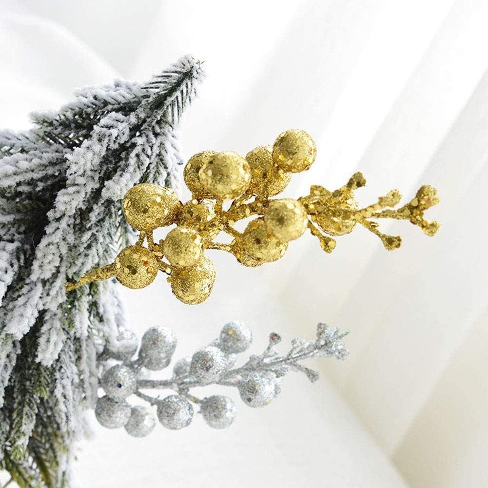 Kubert 15 Pack Christmas Glitter Berries Stems, 8 Inch Artificial Christmas Picks for Christmas Tree Ornaments, DIY Xmas Wreath, Crafts, Holiday and Home Decor (Gold)
