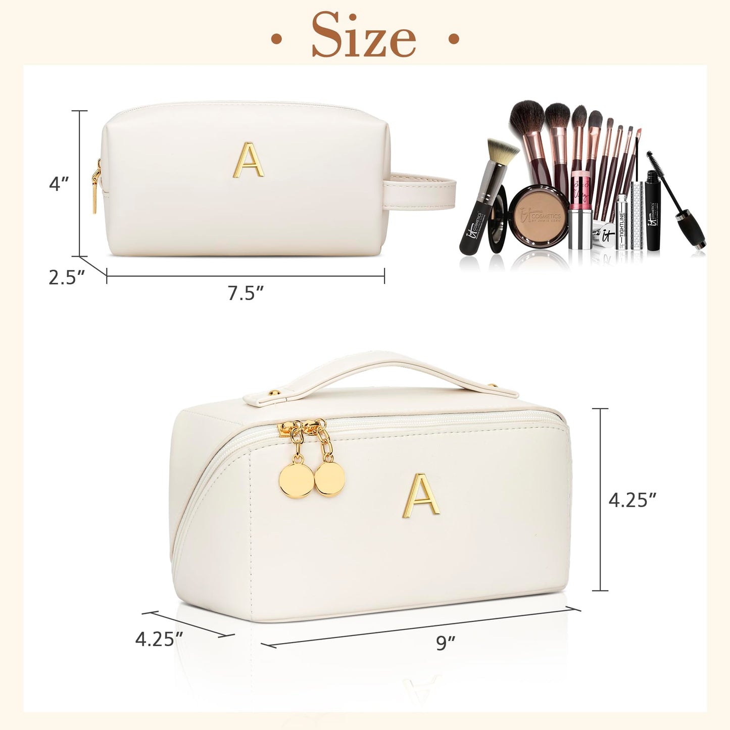 KKXIU Initial Makeup Bag for Women - Personalized Makeup Bag Gifts for Women, Travel Toiletry Bag with PU Leather, Open Flat Design with Top Handle, Cosmetic Bag Set with Multi-Pocket (Beige,A)