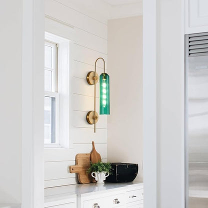 BOKT Modern Gold Wall Sconce Green Glass Hardwired Bedside Wall Light Fixtures Mid Century Long Metal Wall Sconce Single Hardwired Bathroom Bar Wall Lamp (Green)