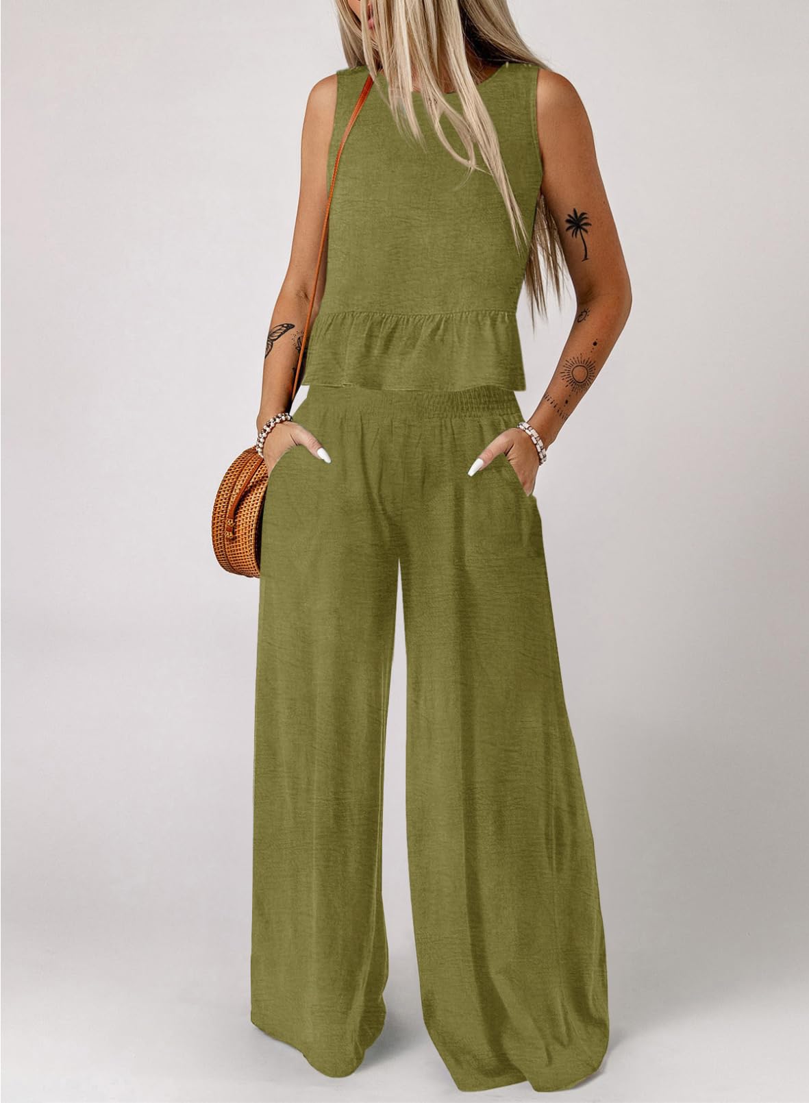 Dokotoo Pants Sets Women 2 Piece Outfits Sleeveless Round Neck Tank Tops Matching Sets for Women Elastic Waist Wide Leg