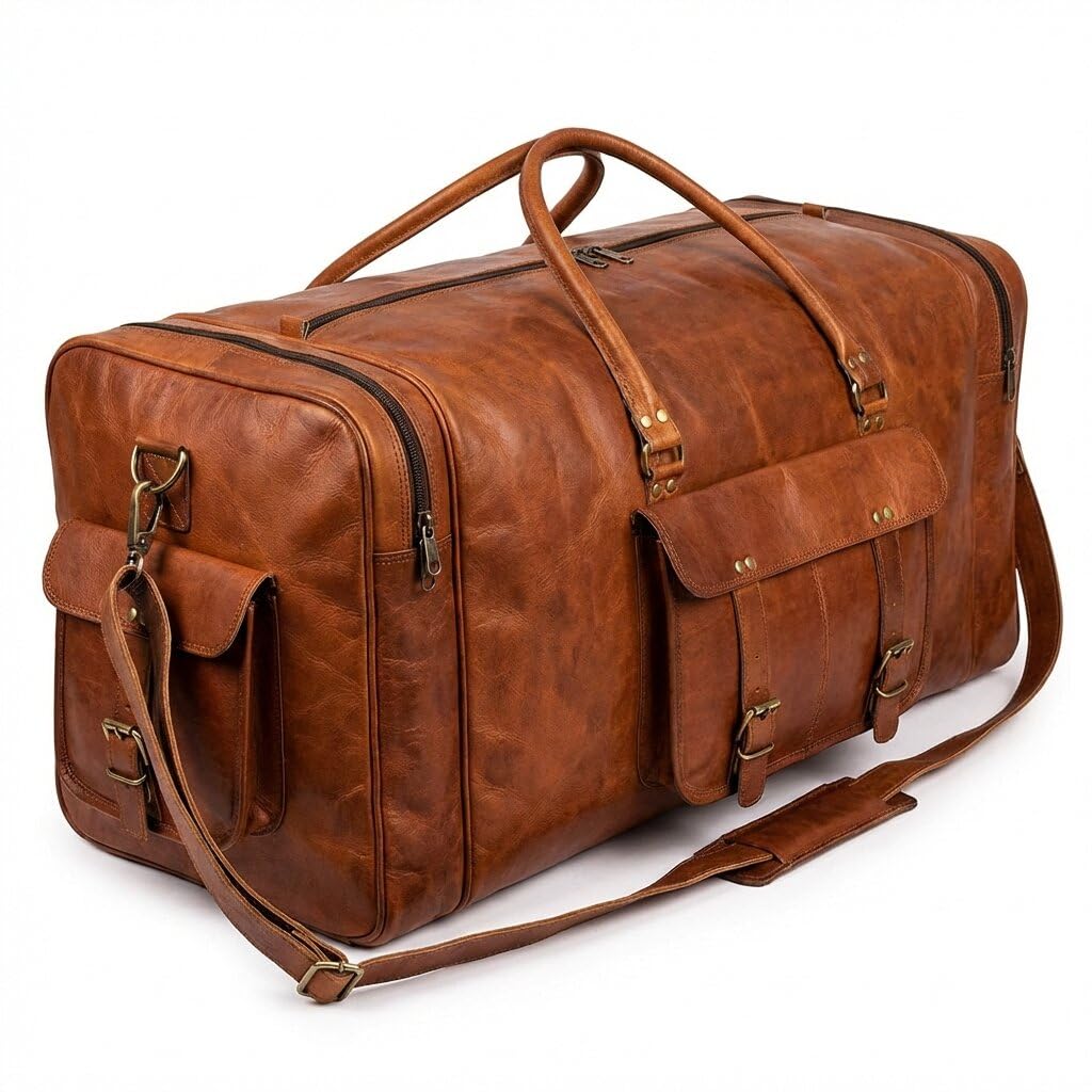 Leather Duffle Bag for Men Luggage Handmade Travel Bag Carry On Luggage Weekender Bags Overnight Gym Sports Cabin Holdall Bag For Airplanes Men And Women (34 Inch Brown)