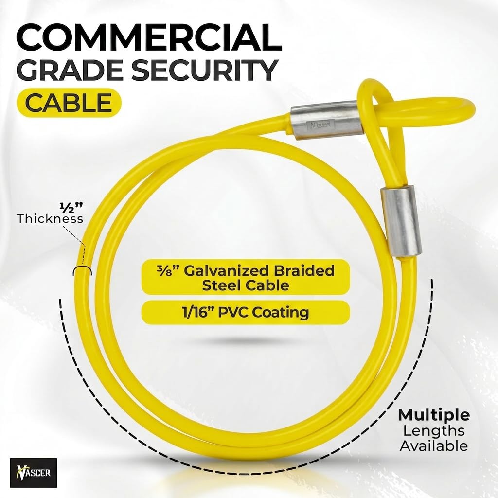 Vascer Commercial Heavy Duty Braided Galvanized Steel Theft Deterrent Security Cable with Looped Ends. (1/2 Inch Thick, 7x19 Construction, 30 Feet)