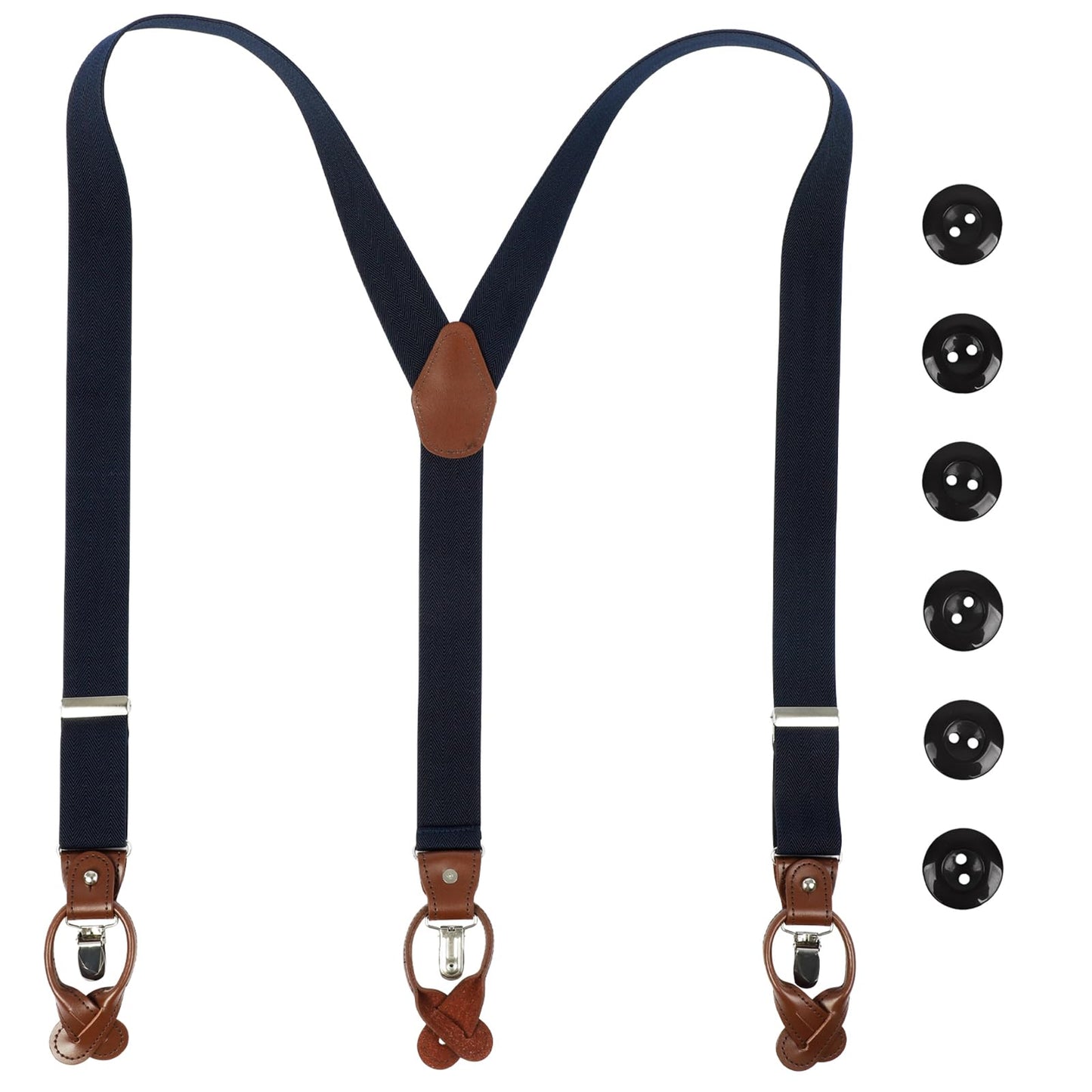 LEHOMU Men Suspenders Adjustable,1.4 Inch Wide Heavy Duty Y-Back Elastic Tuxedo Elastic Mens Suspenders with Leather Buttons and 3 Metal Clips,Dark Blue