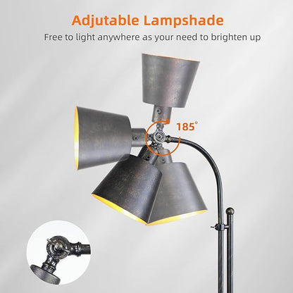 Floor Lamp, Industrial Floor Lamps for Living Rooms & Bedrooms - Rustic Farmhouse Reading Lamp Standing, Adjustable Metal Heads Indoor Task Lighting for Living Room Office Home Décor (Rustic Black)