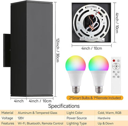 Outdoor Wall Lights, RGBCW Smart Porch Lights Modern Dusk to Dawn Outdoor Light Fixture Color Changing Light with Remote Control, Waterproof Sconce Compatible with Alexa Google Assistant