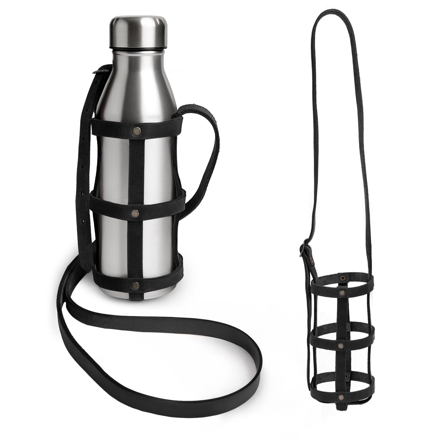 Hide & Drink, Rustic Leather Water Bottle Holder With Adjustable Strap, Fits (2.5 in.) Diameter Bottles, Holster, Carrier, Case, Booze Strap, Handmade (Charcoal Black)