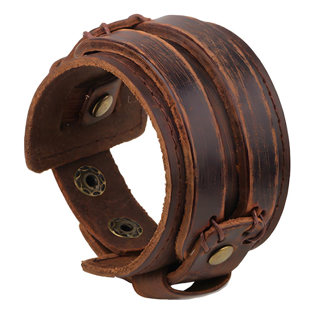 CALFOVERA Brown Punk Genuine Leather Wrap Wristband Gothic Wide Cowhide Leather Cuff Bracelet Adjustable Handmad Bangle Arm Armor with Snap Button Clasp for Men Women Halloween Costume Party