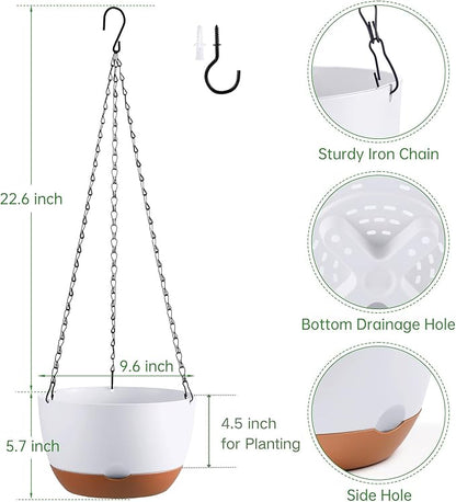 Set of 2 10 Inch Self Watering Hanging Planters for Indoor Outdoor Plants, Color Blocking Hanging Baskets Flower Pots with Drainage Hole & Removable Water-Storage Tray and 20" Chain Hanger