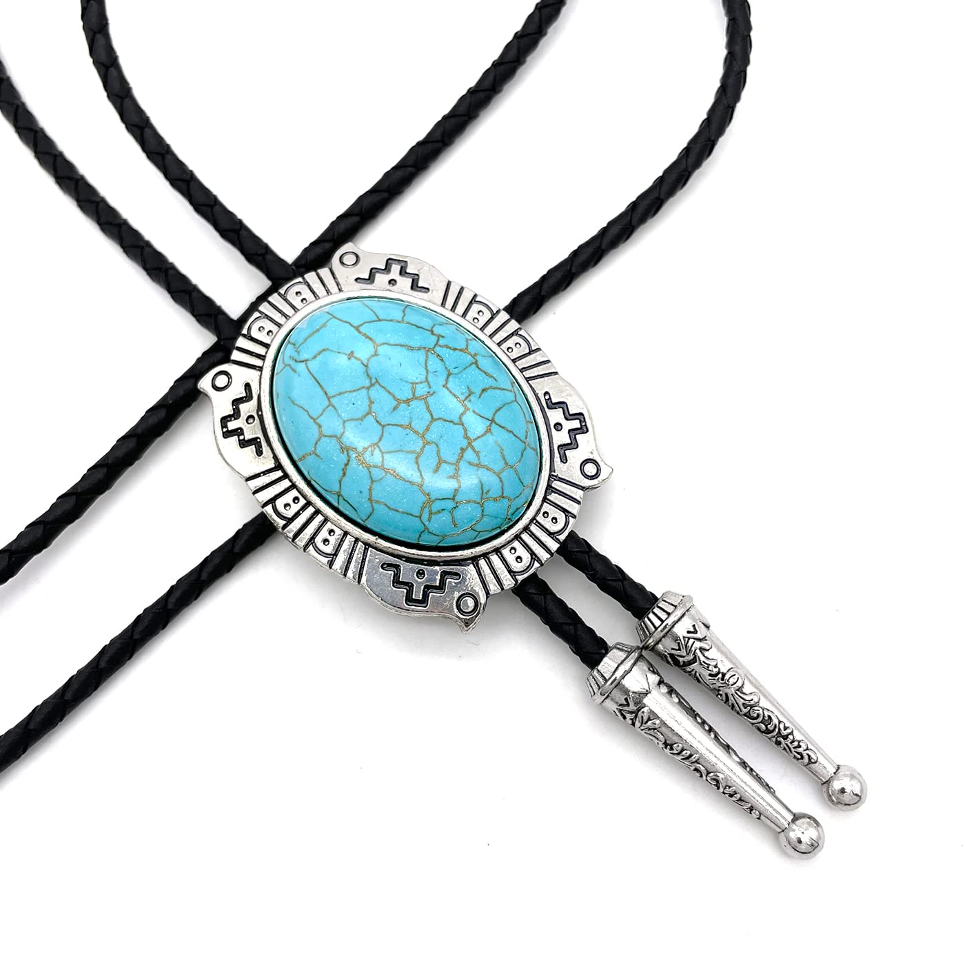 YOQUCOL Blue Turquoise Stone Bolo Tie Native Western Cowboy Indian Hand-woven Leather Bola Tie Necktie for Men Women