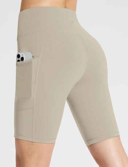 baleaf Biker Shorts Women Yoga Gym Workout Spandex Running Volleyball Tummy Control Compression with Pockets 8" Khaki XXXL