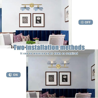 2 light bathroom vanity light gold brass wall sconce with Blue Flower Glass Shade mid century wall light vintage wall sconce art deco Bathroom Lights Over Mirror for Bedroom Hallway Living Room