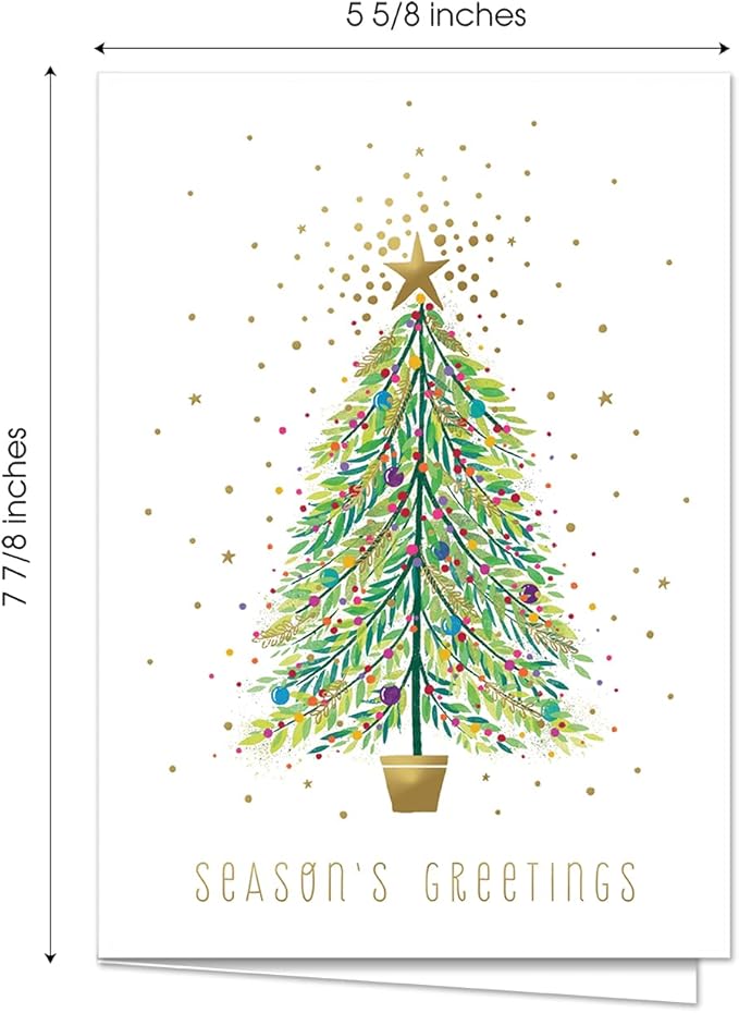 Masterpiece Sparkle Tree Christmas Cards / 16 Boxed Holiday Cards With Gold Foil Accents And Coordinating Gold Foil Lined Envelopes / 5 5/8" x 7 7/8" Folded Winter Greeting Cards With Inside Verse