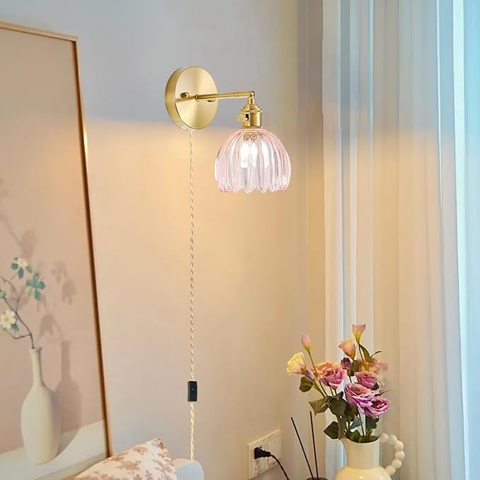 Plug in Wall Sconces Set of 2, Vintage Wall Sconce Light with Tulip Pink Glass Lampshade, 180° Adjustable Wall Sconce with Switch and Plug in wall lamp Cord, Gold Wall Light Wall Decor Set of 2