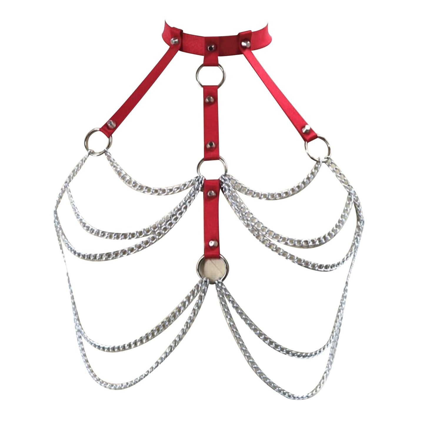 Adjustable Gothic Chest Chain for Women, Punk Faux Leather Body Chain Harness Waist Belt, Alternative Body Waist Chain Belly Bra Body Chain for Women (Red Chest Band)