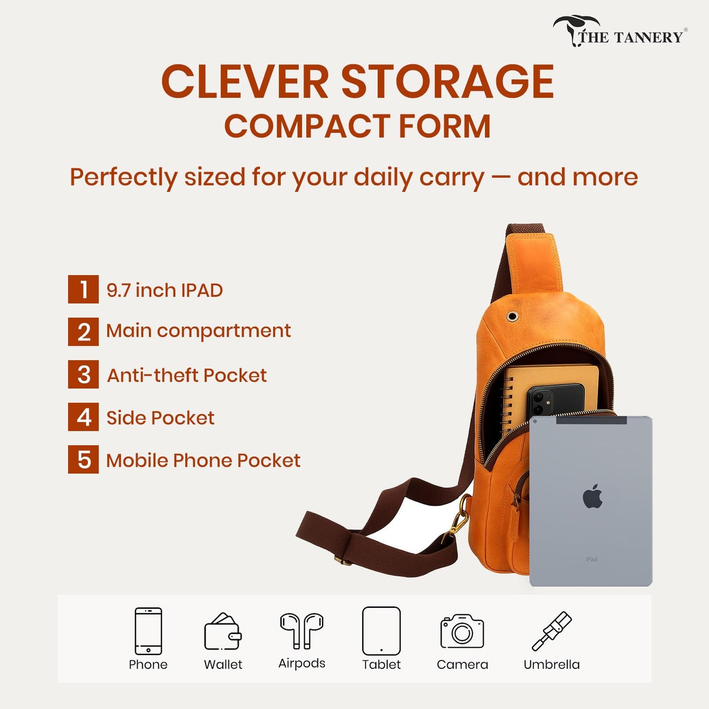 The Tannery Handmade Buffalo Leather Multipurpose Travel Hiking Crossbody Chest Backpack with Adjustable Shoulder Strap, Thanks Giving (Camel Brown, Small)