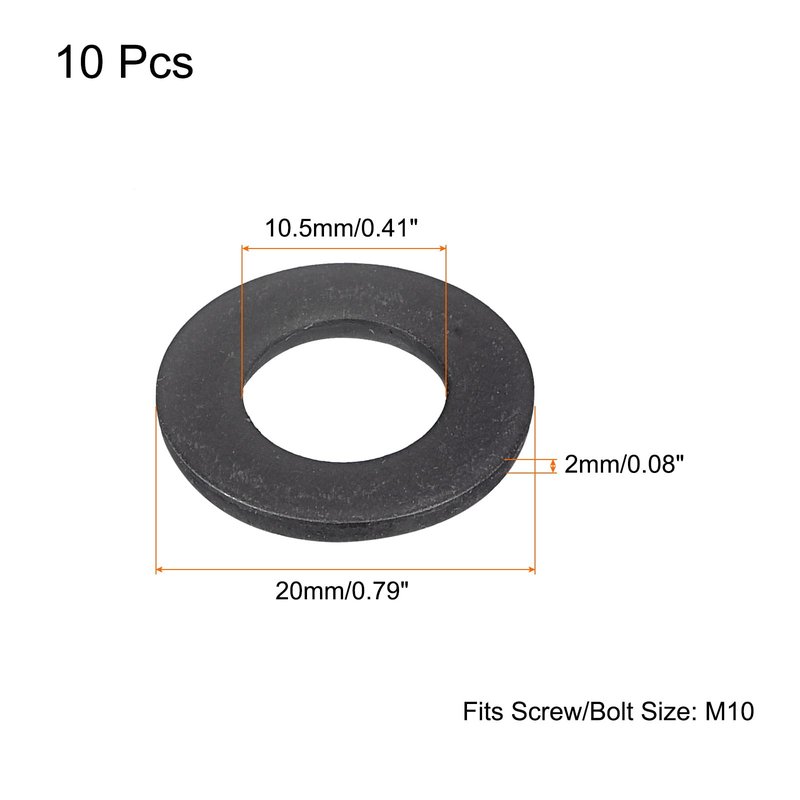 uxcell Carbon Steel Flat Washer Fits M10 Bolts, 10pcs M10 x 20 x 2mm Black Oxidized Grade 8.8 Alloy Steel Fasteners for Mechanical Industry