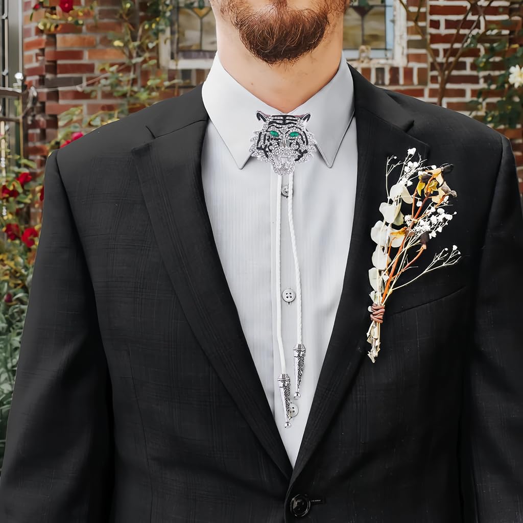 GelConnie Rhinestone Bolo Tie for Women Full Rhinestone Tiger Head Silver Bolo Tie for Men Wedding White Leather Cord Cowboy Ties