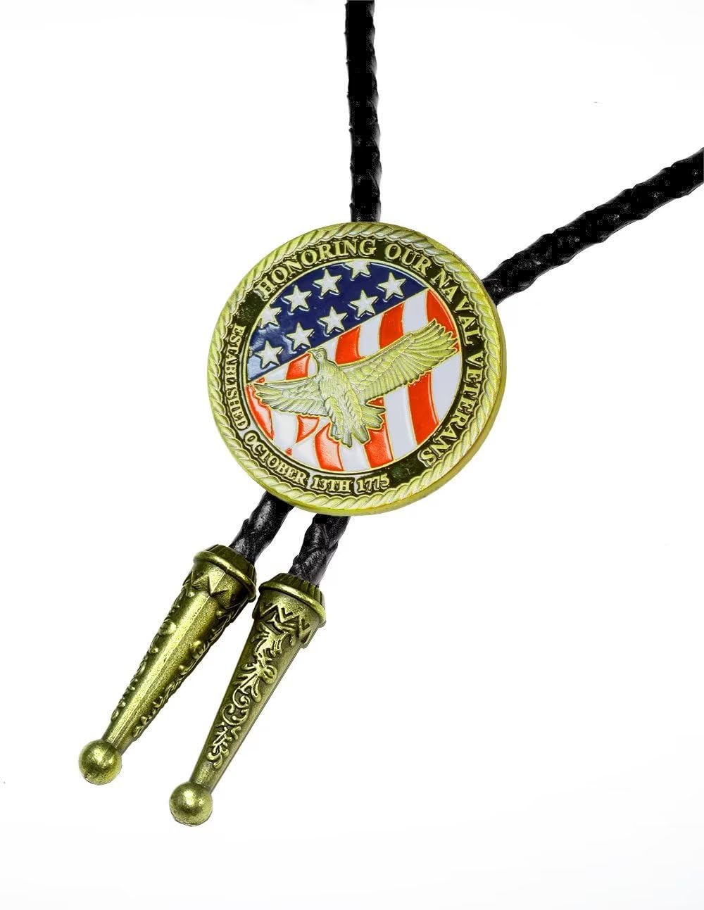 Moranse Bolo Tie with Fluttering American Flag Patriot Style Genuine and Cowhide Rope