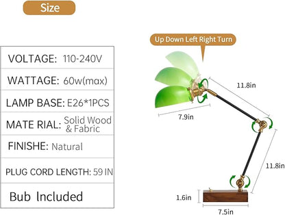 Bankers Lamp, Traditional Green Desk Lamp with Solid Ash Wood Base, Green Glass Antique Library Lamp with Power Cord Switch, Plug in Vintage Bankers Desk Lamp for Office, Study Room 【E26 Socket】