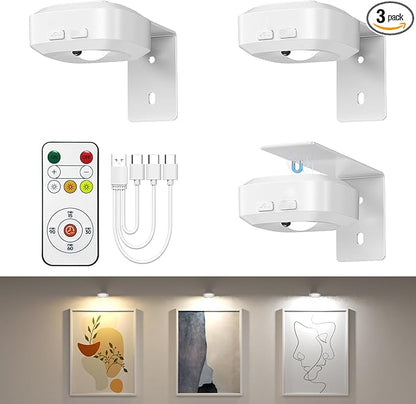 Lightbiz Picture Lights for Wall 3 Pcs, Rechargeable Battery Operated Magnetic Wall Lights with 3 Color Temps, Remote Dimmable Timer Painting Light for Art Display, Frame, Poster