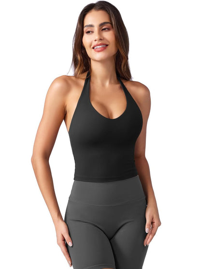 YEOREO CoreFlex Women's Halter Crop Top V Neck Workout Going Out Tank Top Padded Sleeveless Backless Trendy Summer Camisole Black Small