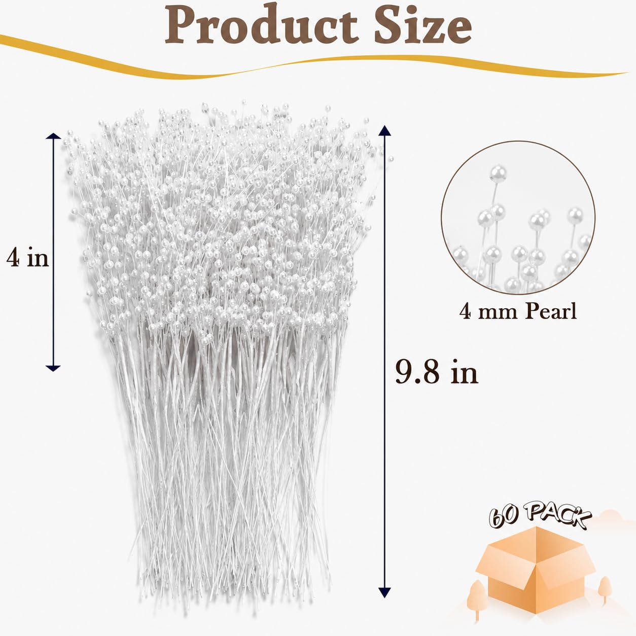 60 Pieces Pearl Stick Stems Bouquets, 4mm Bead String Garland Beaded Spray Filler Floral Arrangements Tree Picks Wedding Party Decoration, Mother's Day Flower Decor, Christmas Tree Picks (White)