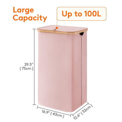 Lifewit 100L Laundry Basket with Lid, Clothes Hampers for Laundry with Bamboo Handles and 1 Removable Bag, Large Foldable Laundry Hamper for Bedroom, Bathroom, Dorm, Laundry Room, Pink