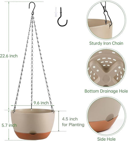 Set of 2 10 Inch Self Watering Hanging Planters for Indoor Outdoor Plants, Color Blocking Hanging Baskets Flower Pots with Drainage Hole & Removable Water-Storage Tray and 20" Chain Hanger
