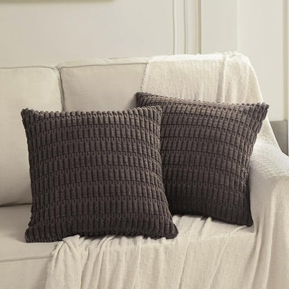 Fancy Homi Dark Brown Decorative Throw Pillow Covers 18x18 Inch for Living Room Couch Bed Sofa, Rustic Farmhouse Boho Home Decor, Soft Striped Corduroy Square Cushion Case 45x45 cm