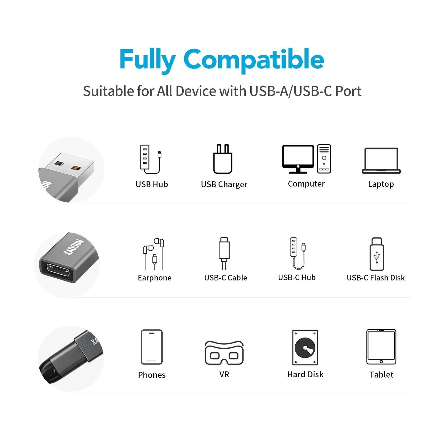 XAOSUN [10Gbps] USB C Female to USB Male Adapter (2-Pack), 3.1 USB A to C Adapter, One-Sided SuperSpeed Data Sync & 100W Fast Charging for iPhone 15 Plus Pro Max, Laptop, Charger, Quest Link, etc.