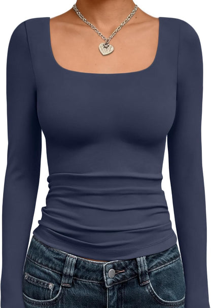 Trendy Queen Womens Long Sleeve Shirts Crop Tops Fall Fashion 2025 Square Neck Going Out Basics Tees Y2k Clothes