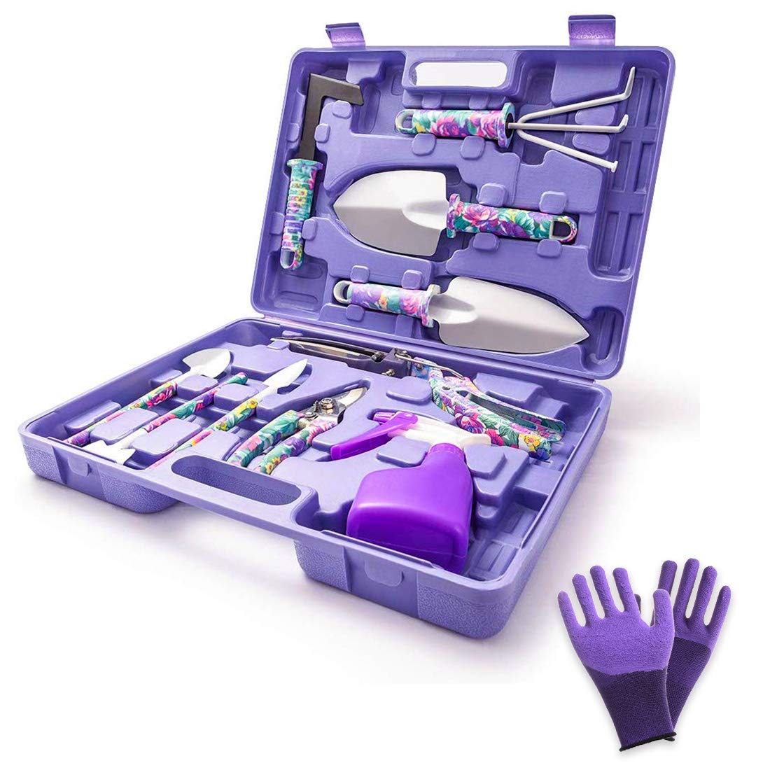 WISDOMLIFE Garden Tools Set, 11 Pieces Gardening Gifts with Purple Floral Print, Ergonomic Handle, Trowel, Rake, Shovels, Pruner, Shears, Sprayer, Gloves, Garden Hand Tools with Carrying Case