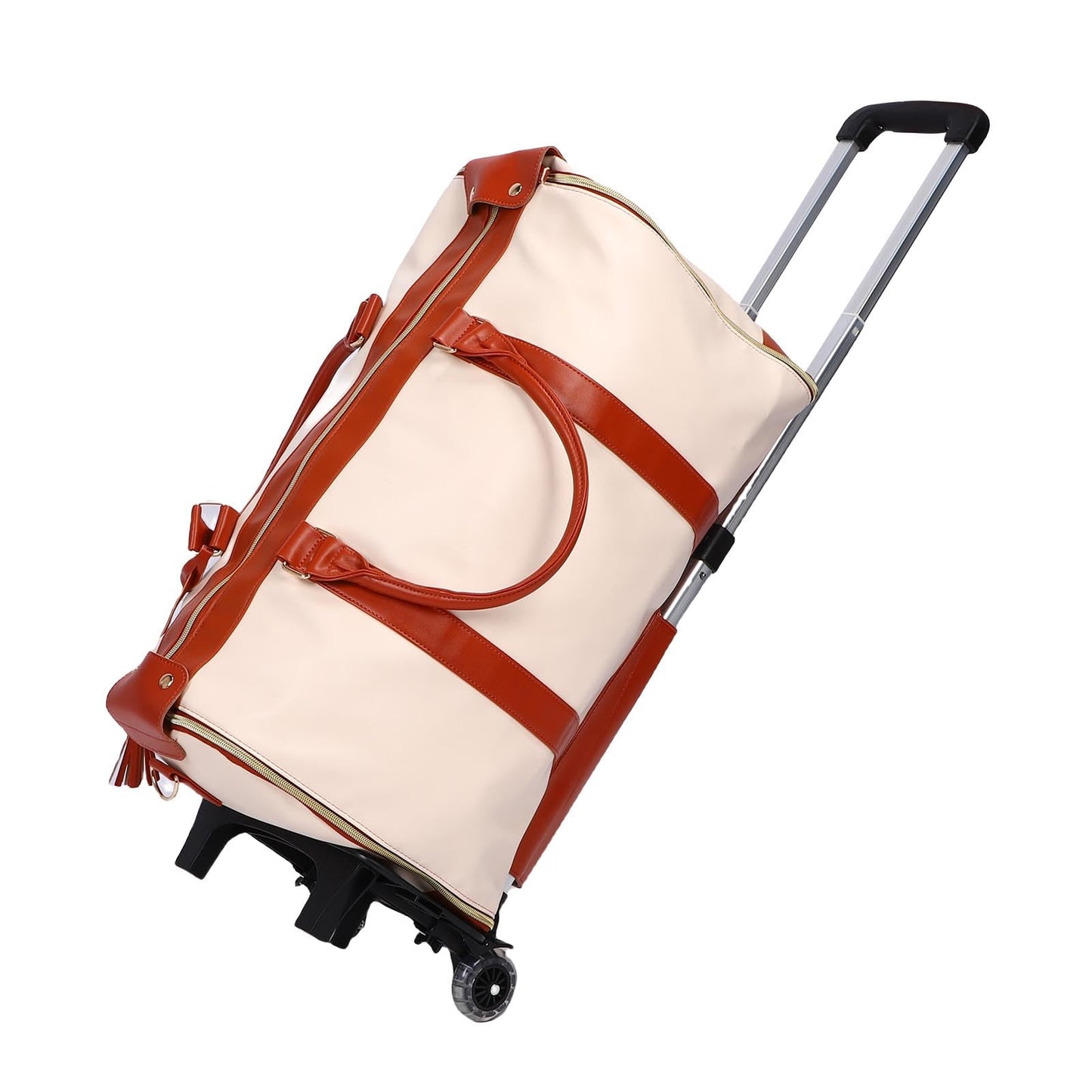 Keenso Rolling Garment Bag, Soft Leather Travel Bag with Detachable Trolley, 40L Large Capacity for Men and Women (Beige)