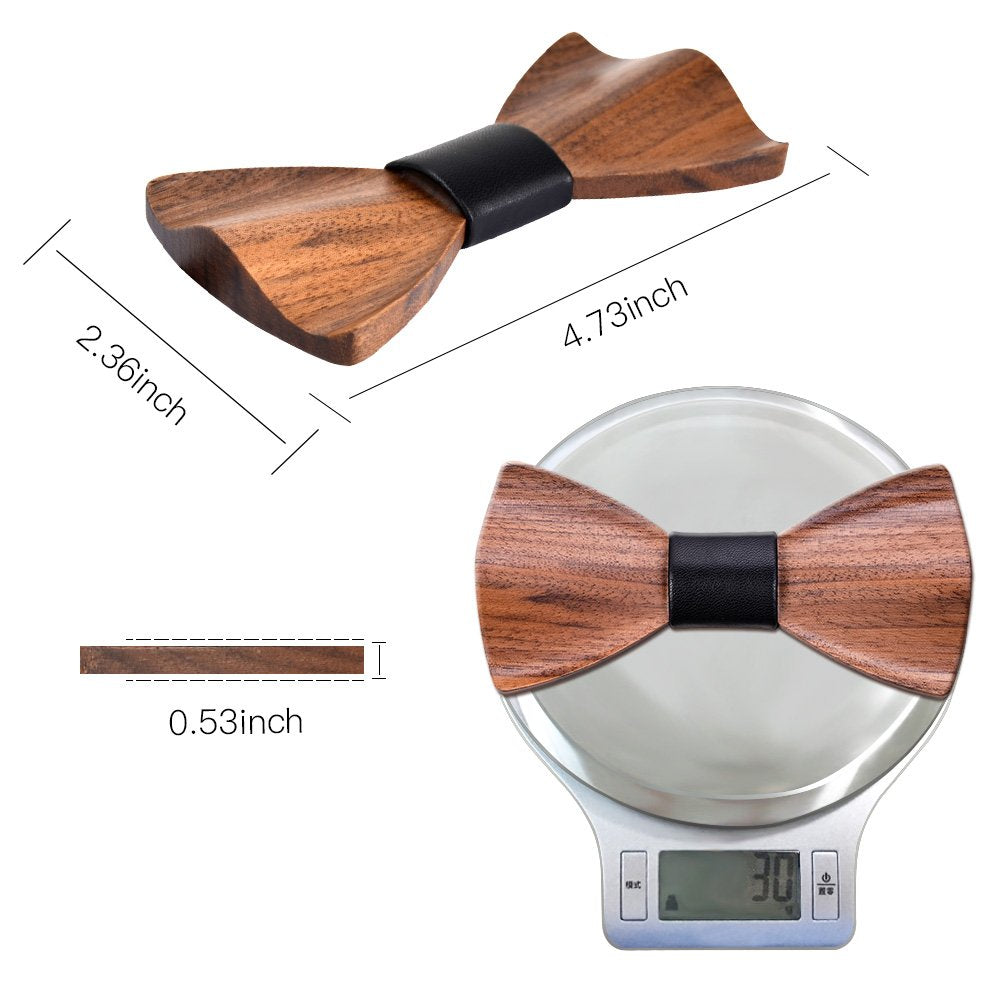 Mr.Van Handcrafted 3D Walnut Wood Bow Tie with Genuine Leather Center - Pre-tied Adjustable Collar - Natural Wood Finish (Rounded)