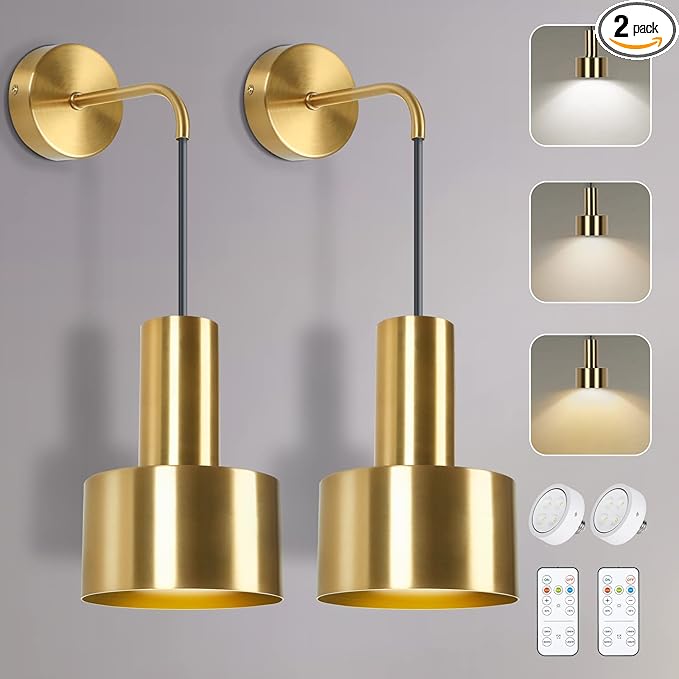 Gold Battery Operated Wall Sconce, Wireless Wall Lights Set of 2, Dimmable Wall lamp with Remote Control, 3000K-6000K Adjustable Modern Luxury LED Light Fixtures for Kitchen Bedroom Living Room Stairs