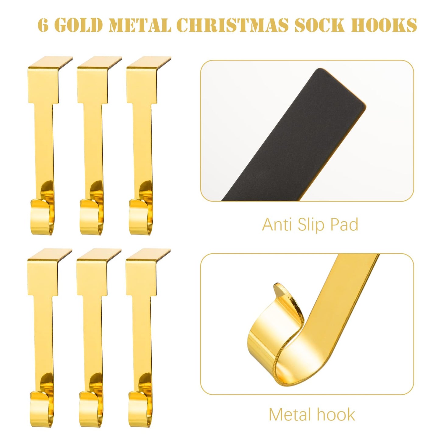 ARCHCRTC 6 Pcs Christmas Stocking Holders Mantel Stcoking Hangers Metal Hanging Hooks Christmas Ornament Hooks Mantel Garland Clips for Thick Fireplace Mantel Staircases Xmas Party Decor (Gold, 6)
