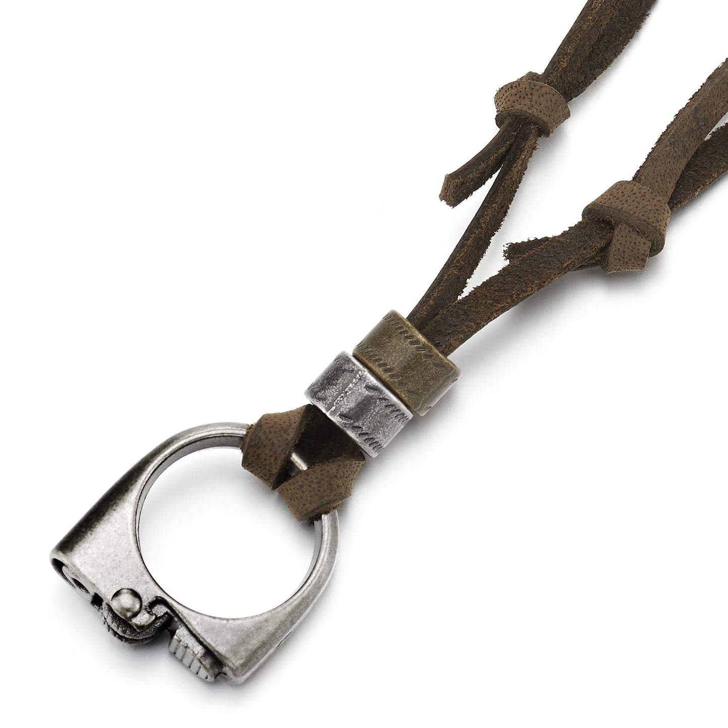 COOLSTEELANDBEYOND Old Metal Lighter Ring Charm Pendant Necklace with Adjustable Brown Leather Cord, Mens Womens