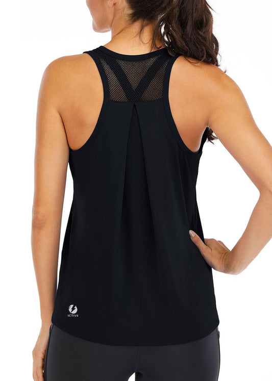 ICTIVE Workout Tops for Women Loose fit Racerback Tank Tops for Women Mesh Backless Muscle Tank Running Tank Tops Workout Tank Tops for Women Yoga Tops Exercise Gym Tops Black M