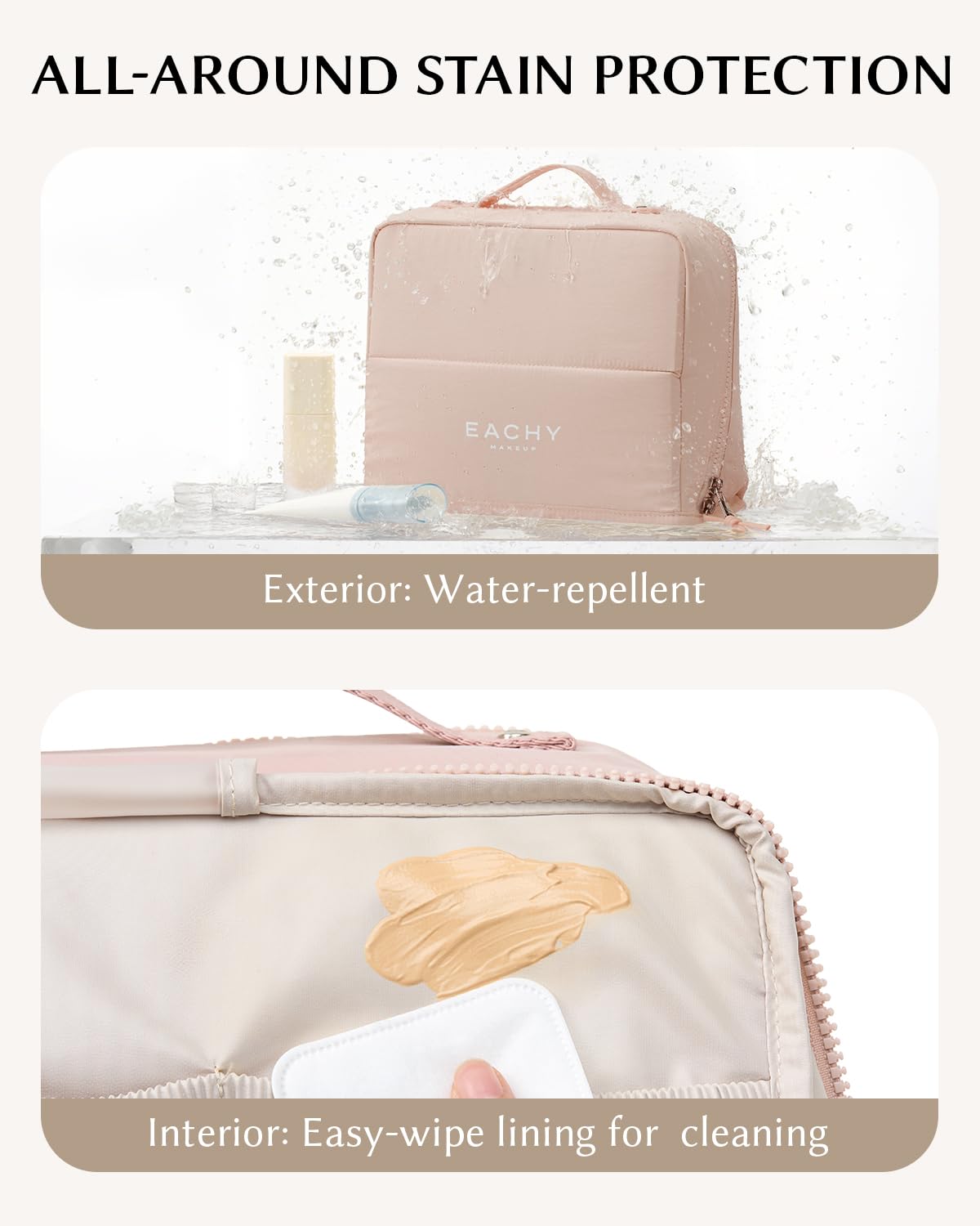 EACHY Standing Makeup Bag - Large Waterproof Cosmetic Bag & Toiletry Bag Organizer with Phone Holder, Detachable Dividers, Wipe-Clean Brush Pouch for Women