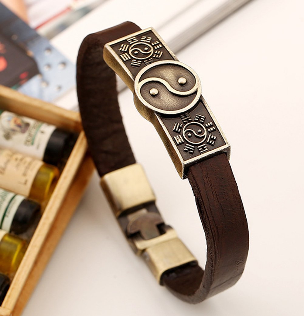 Hamoery Men Punk Alloy Leather Bracelet Taiji Bracelet Bangle Wristband(Taiji)
