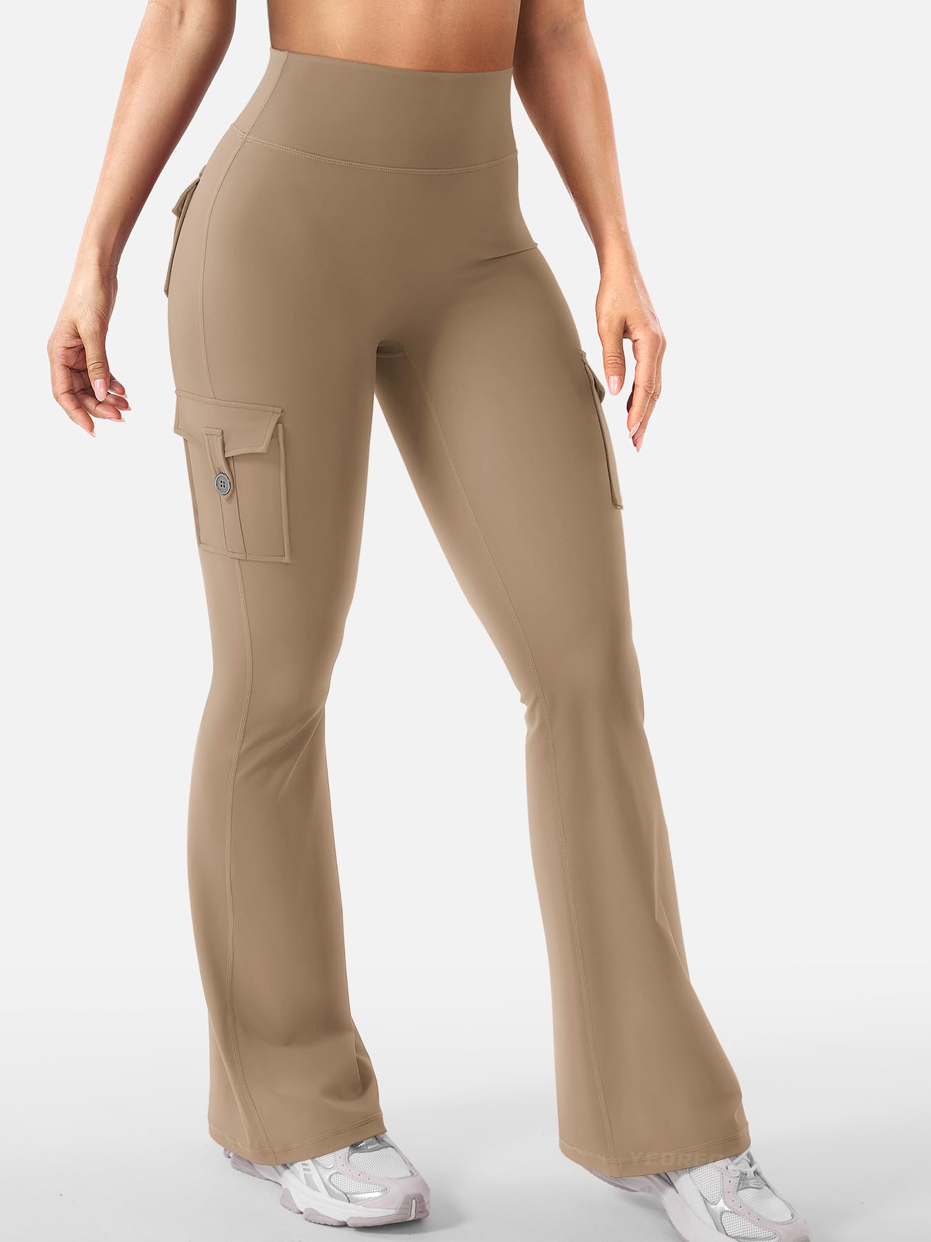 YEOREO CoreFlex Women Workout Flare Leggings with Pockets Hidden Scrunch High Waisted Cargo Gym Yoga Leggings Light Brown L