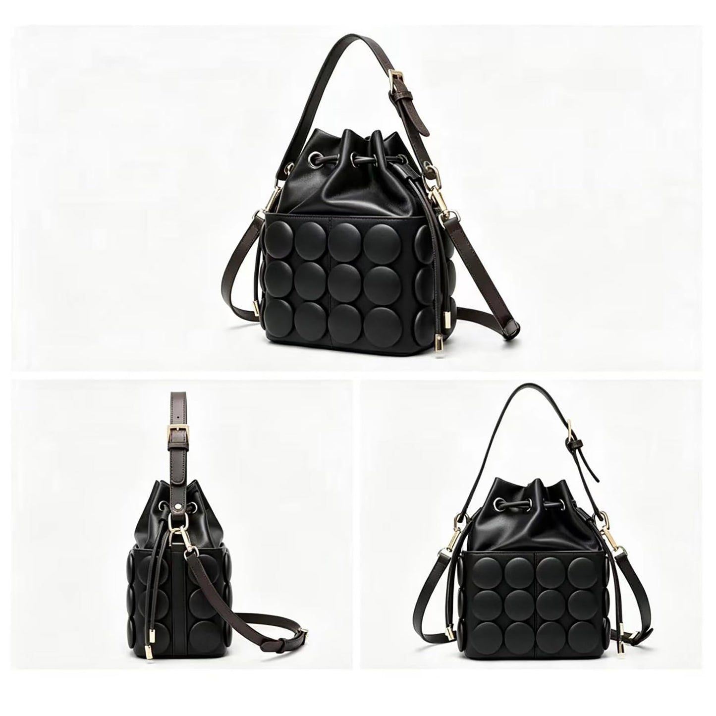 ZGRJSZDD Women's PU Leather Drawstring Top Handle Bucket Bag Purse with Solid Dot Patterns, Crossbody Shoulder Handbag, 9086 Black