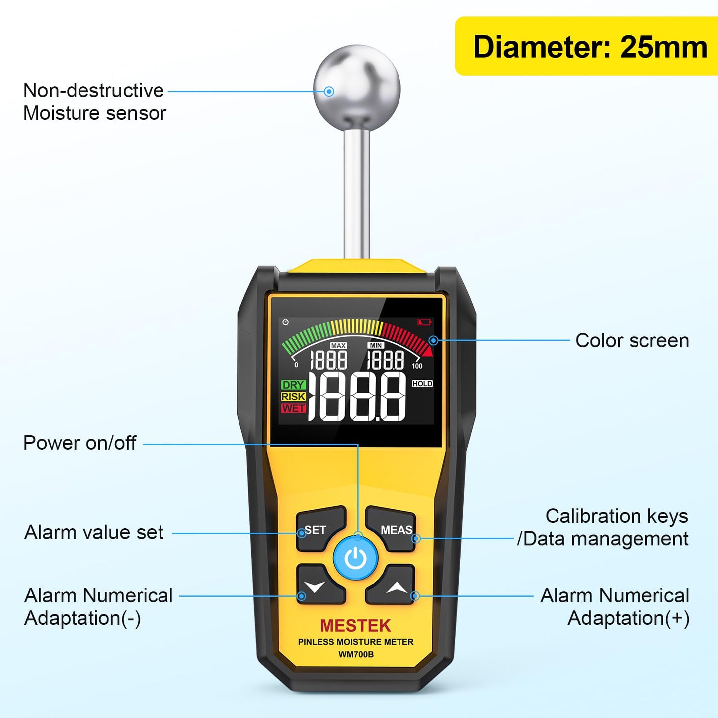 MESTEK Wood Moisture Meter for Non-Destructive Moisture Detection in Drywall, Wood, and Masonry, Moisture Tester with Backlit Color LCD Display & Alarm Function, Detects up to 20-40mm Below Surface