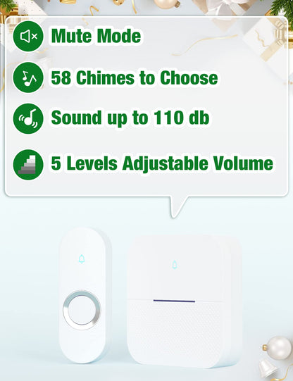 AIDA Lighted Wireless Doorbell for Home, Waterproof Battery Doorbell Wireless 1,000ft Range, 5 Volume Levels with 58 Doorbell Chimes & LED Flash (White, Doorbell with 2 Buttons & 1 Receiver)
