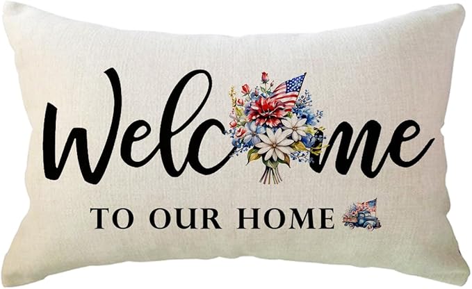 Patriotic Welcome Throw Pillow Covers 12 x 20 Inch Farmhouse Summer Holiday Decorative Lumbar Pillowcases Flowers Cushion Covers for Front Porch Decor Housewarming Gifts (Blue/Red)