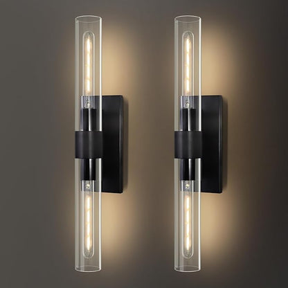 Modern Wall Sconces Set of 2, 22.8", 2-Light Indoor Wall Mounted Sconces with Glass Shade, Bathroom Black Vanity Light for Living Room,Hallway Entryway Stairway