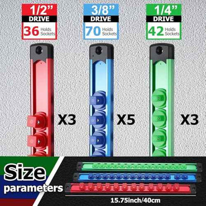 11 Pcs Magnetic Socket Organizer Set, 1/2", 1/4", 3/8" Magnetic Socket Rail for Tool Box Drawer, Socket Holder Magnetic with 148 Pcs Standard Size for Automotive Garage