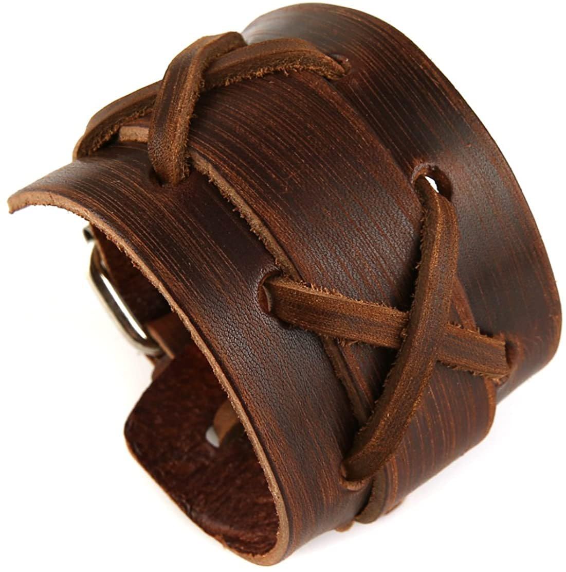 BaBakiak Punk Leather Cuff Bracelet, 2PCS Vintage Braided Leather Wristband for Men Women (Brown)